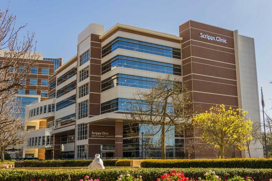 External view of Anderson Medical Pavilion, located on the campus of Scripps Memorial Hospital La Jolla in California’s San Diego region.