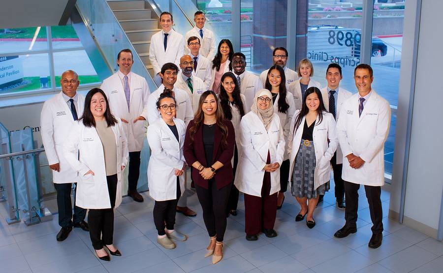 Members of the Scripps Cardiovascular Disease Fellowship Program gather for a photo at the Scripps Clinic John R. Anderson V Medical Pavilion in La Jolla.