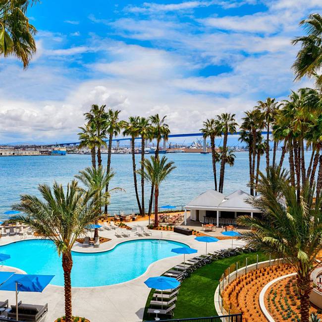 The view from the Coronado Island Marriott looking out toward the pool and San Diego Bay.
