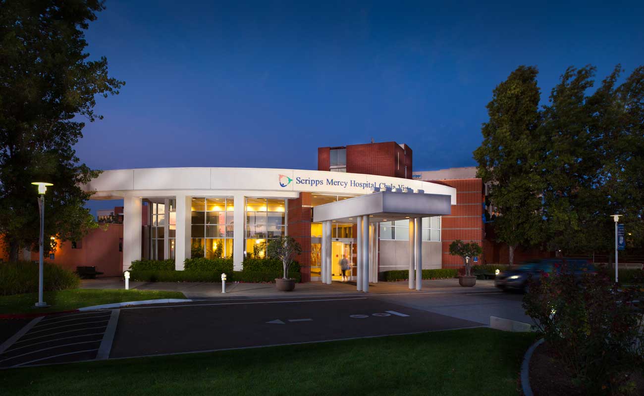 The exterior of Scripps Mercy Hospital Chula Vista, located on H Street between 4th and 5th Avenues, approximately eight miles from the Mexico border.