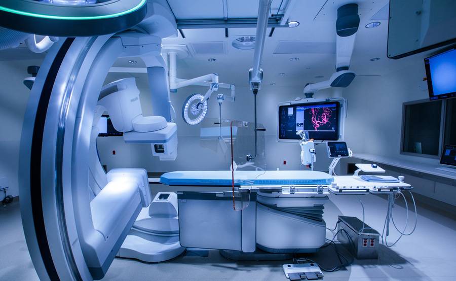 A wide shot photo of the new technology built in the North Tower at Scripps Hospital La Jolla for the use of interventional radiology, illustrating the leading-edge technology available to patients.