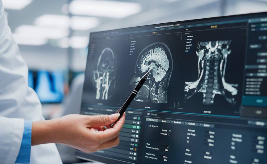 A neurologist reviews brain scans on a monitor, representing the clinical expertise and advanced technology used at Scripps.