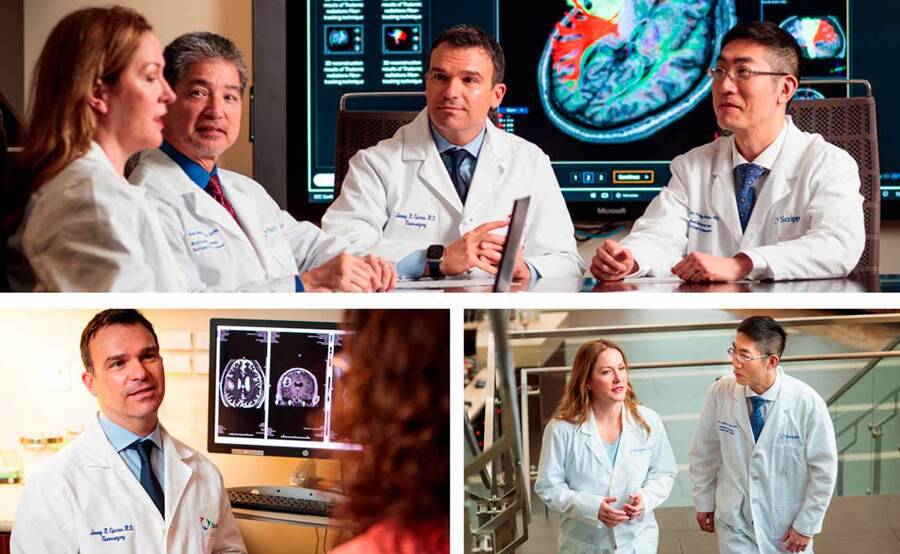 A collage of neuro-oncologists represent brain, spine and nervous system tumor treatment at Scripps Cancer Center.