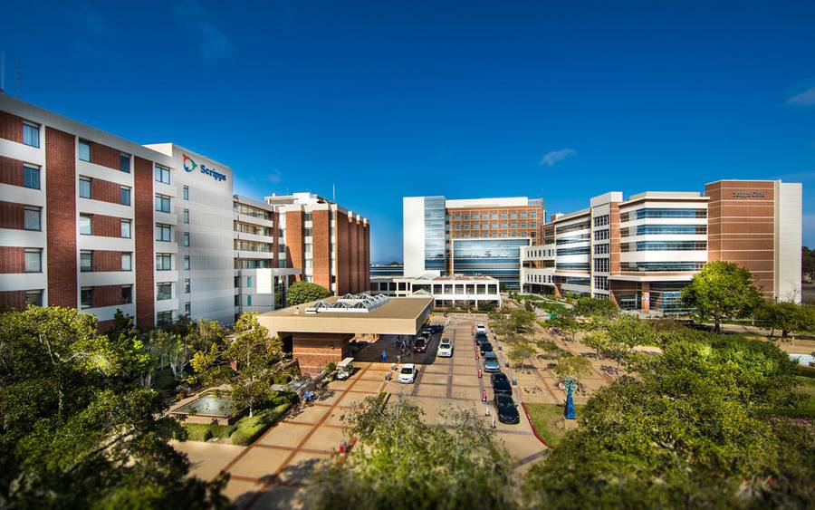 Scripps Memorial Hospital La Jolla campus on a sunny day with mostly blue sky.