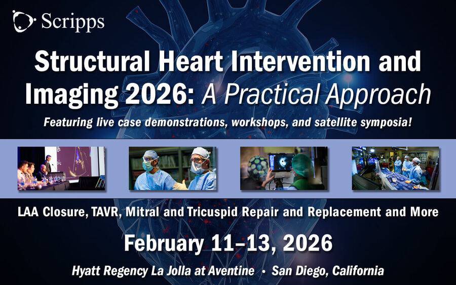 Photo of heart with images of physicians performing procedures and lecturing at meeting for Structural Heart Conference - February 11-13, 2026 - San Diego, CA